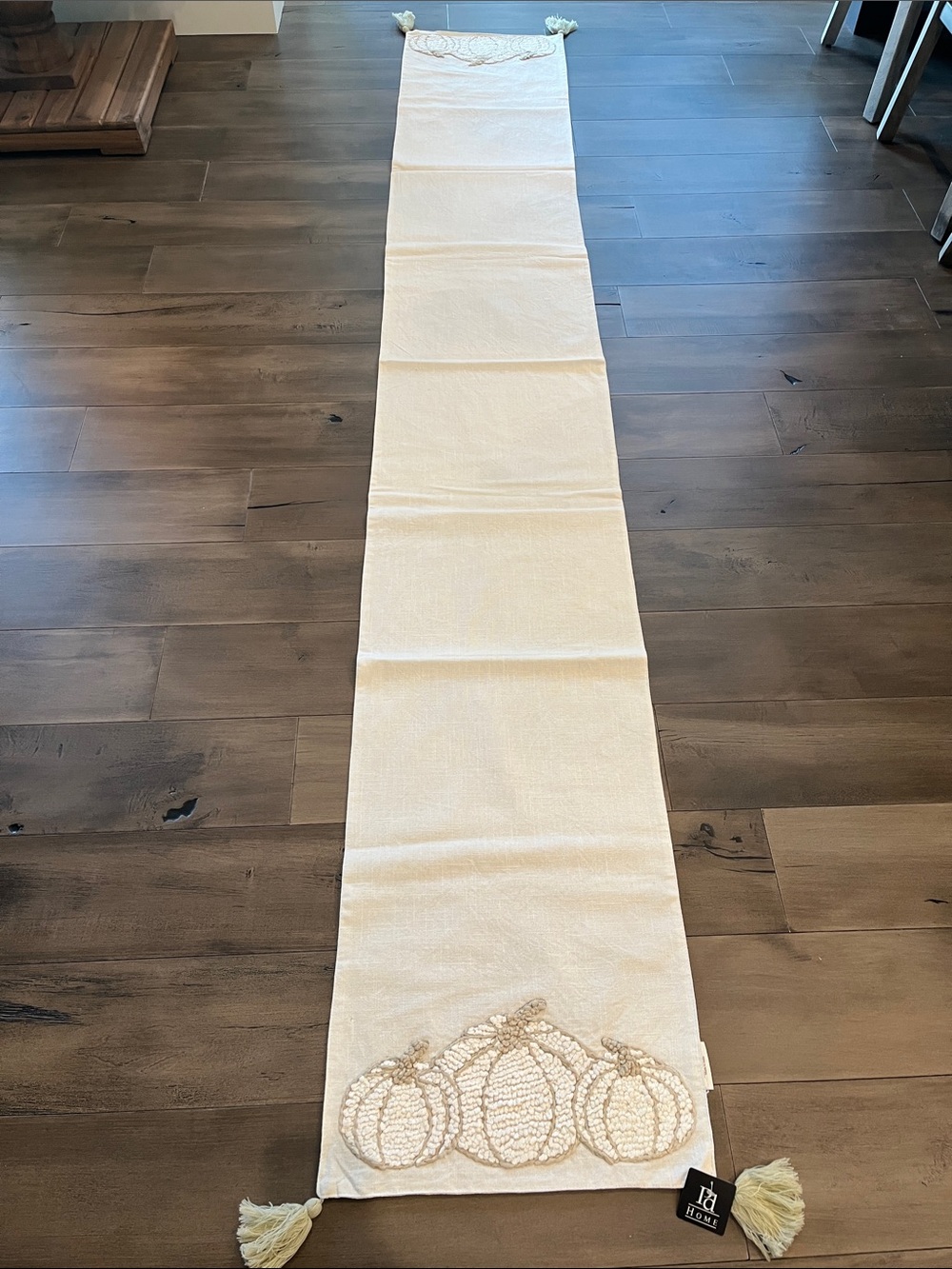 NEW Harvest Cream Embroidered Pumpkin Table Runner with Tassels